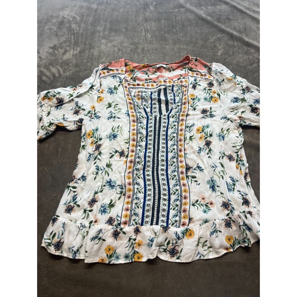 Women's Lucky Brand Yellow & White Floral Short Sleeve Top Size Large